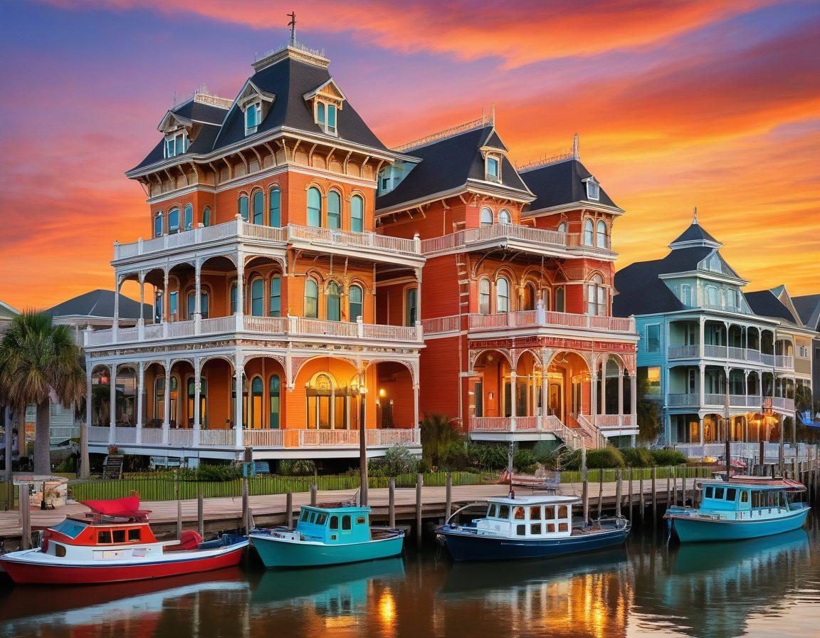 A vibrant collage showcasing iconic historical landmarks of Galveston, Texas, featuring the tall, elegant architecture of Victorian-style homes, the majestic Grand 1894 Opera House, and the bustling harbor with boats. Include elements of local culture such as art, music, and festivals, all bathed in warm sunset colors to evoke a sense of nostalgia and charm. super-realistic. vibrant colors. warm tones.