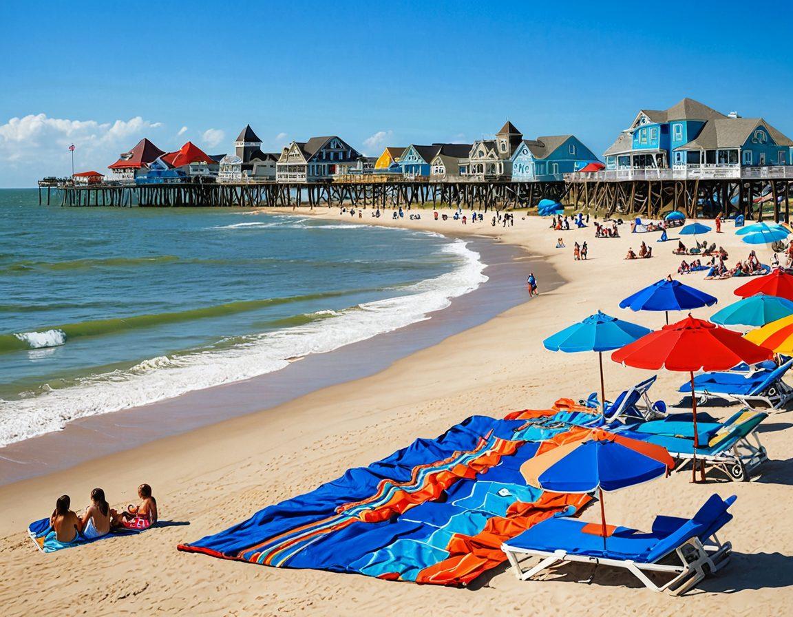 A picturesque beach scene in Galveston showcasing a joyful family enjoying their vacation, featuring vibrant colorful beach umbrellas, kids building sandcastles, and a delicious local seafood platter on a picnic blanket nearby. The background includes iconic attractions like the Galveston Pleasure Pier and historic Victorian houses. Bright sunshine and clear blue skies add to the cheerful atmosphere. super-realistic. vibrant colors. 3D.