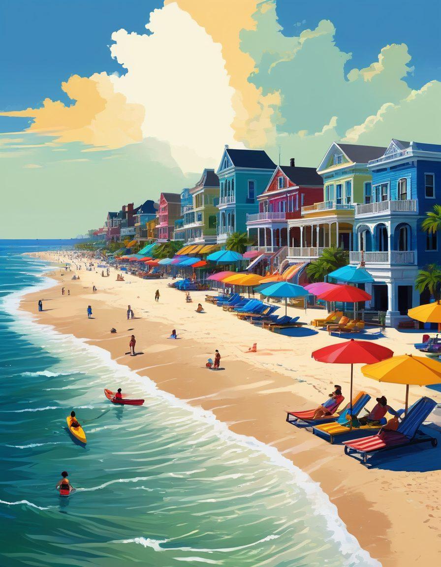 A vibrant beach scene showcasing Galveston Island, featuring sun-soaked sandy shores, colorful beach umbrellas, and adventurous families engaging in activities like kayaking and beach volleyball. In the background, iconic historical architecture and lively local shops reflect the island's rich culture. Dramatic ocean waves crash against the shore under a bright blue sky. pixel art. vibrant colors. white background.